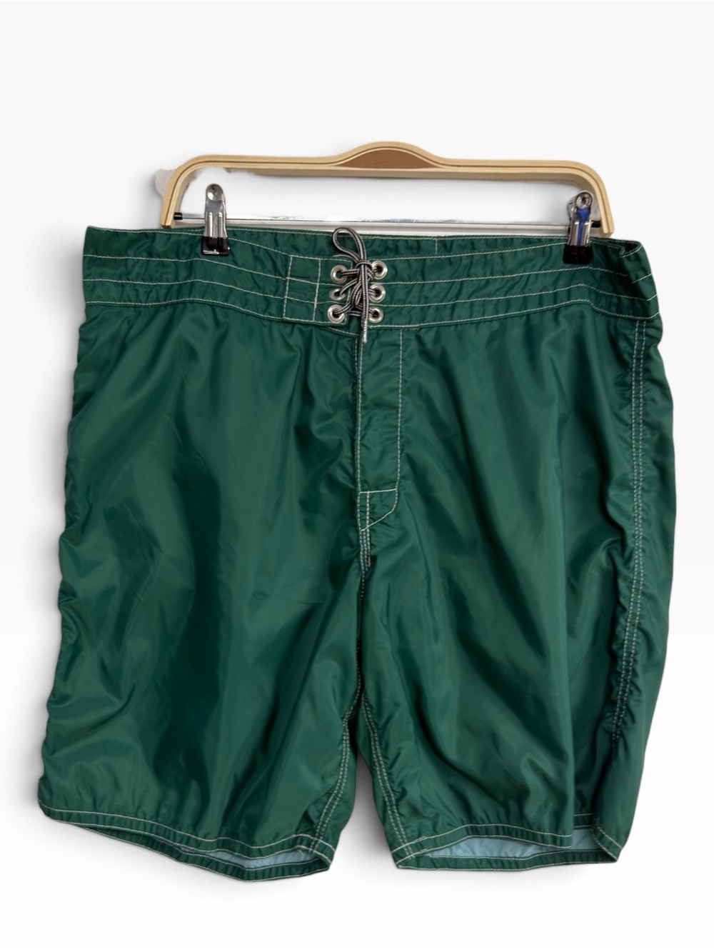 Birdwell Beach Britches Board Shorts Green Nylon Lace Up Surf Trunks Size 38